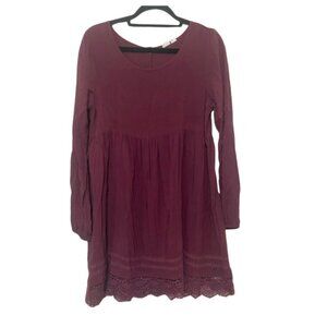 Roxy EUC burgundy long sleeve crochet trim babydoll 100% viscose mini dress S